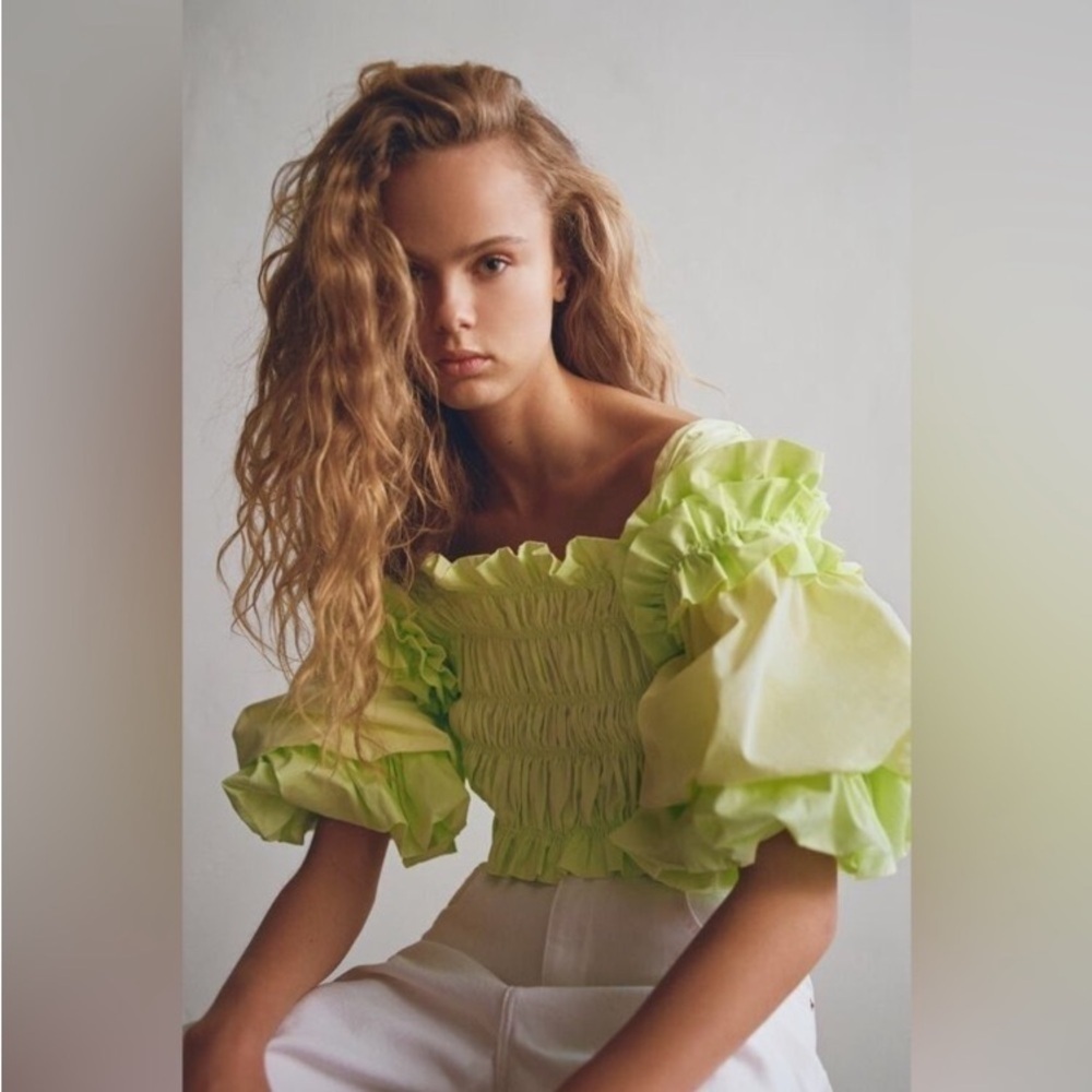ZARA Lime Green Voluminous Poplin Ruched Crop Top - Picture 12 of 12